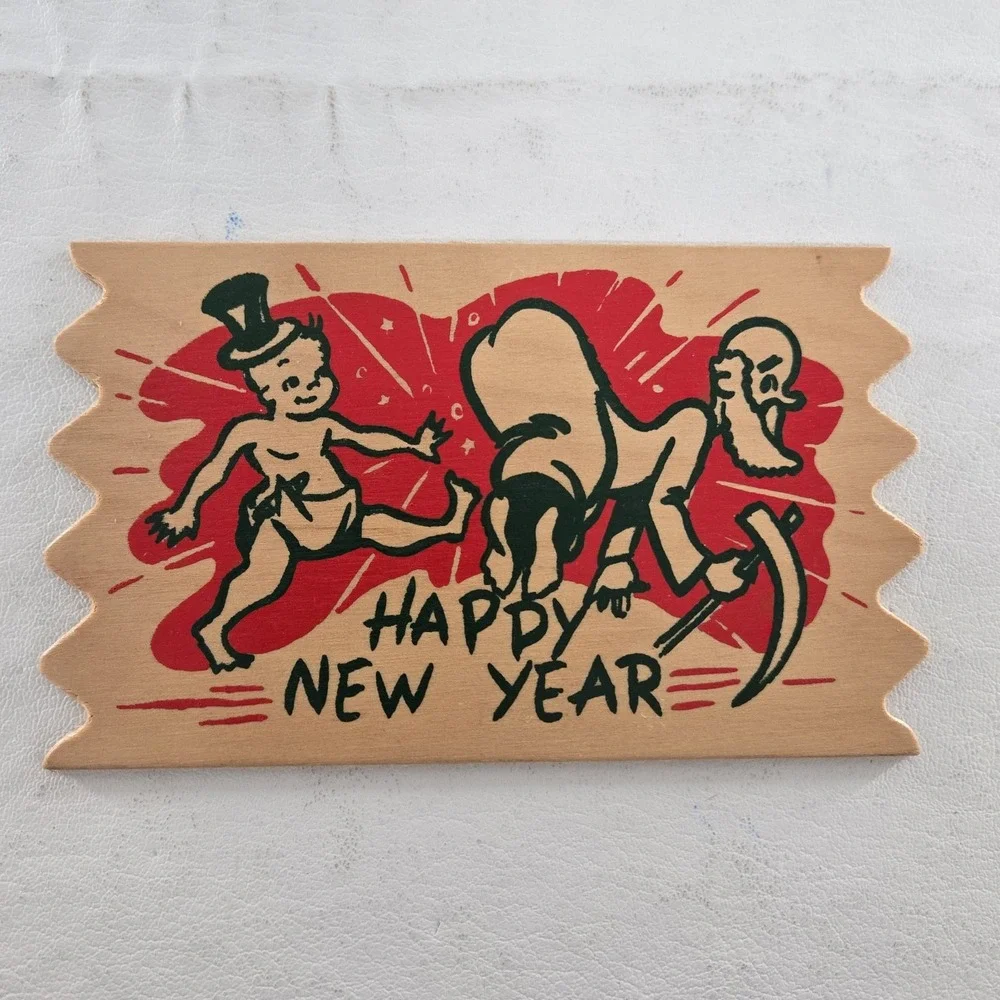 Happy New Year Wood Postcards Lot of 5 New ATTCO-227 Holiday 3x5in.